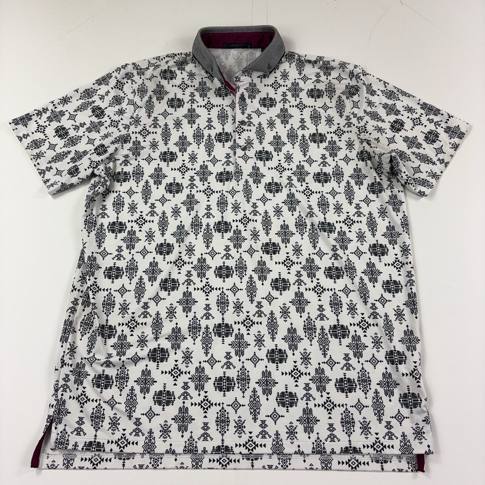 Greyson Polo Shirt Mens L White Geometric Print Golf Stretch Jersey Short Sleeve